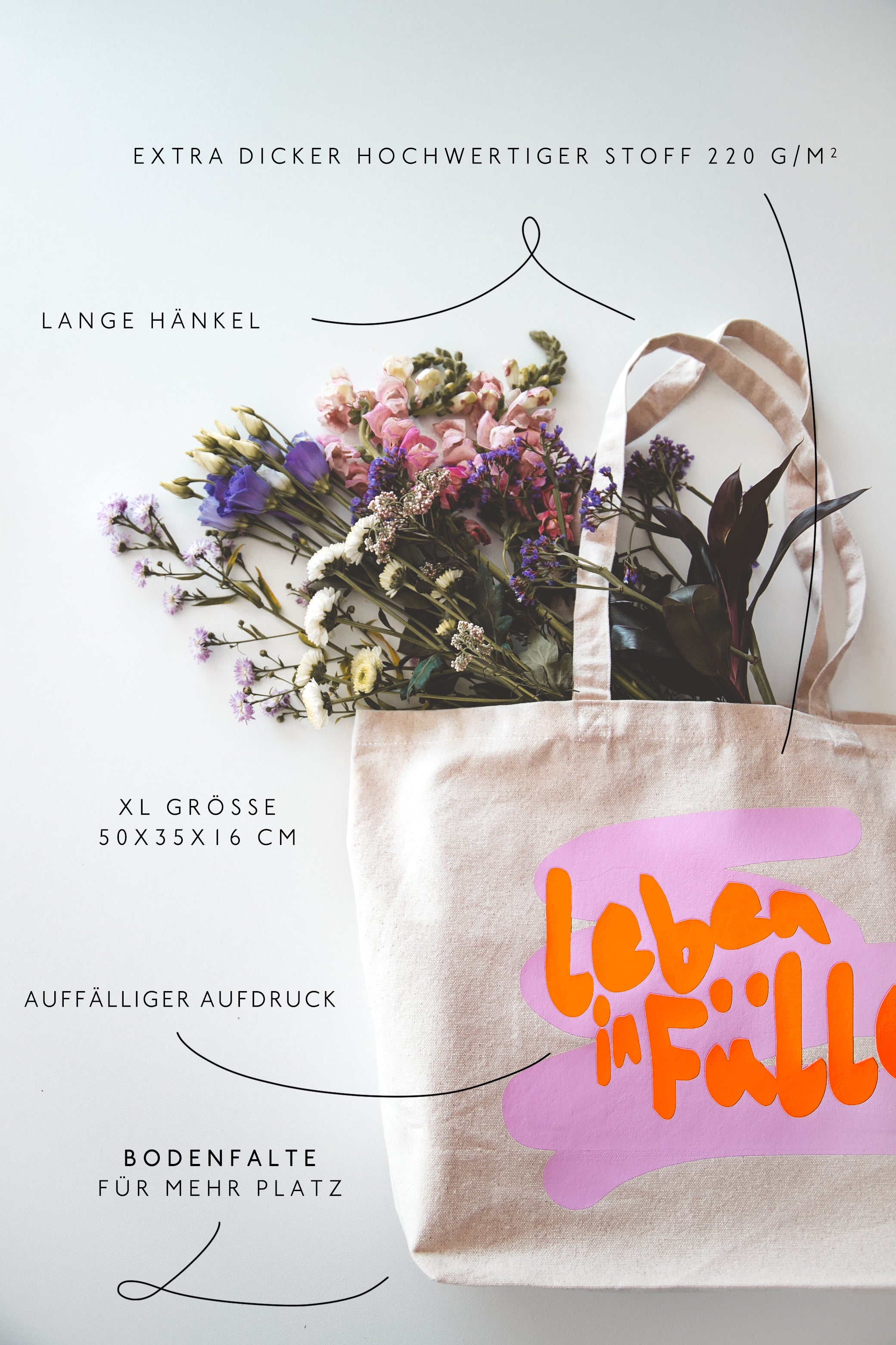 Canvas Tragetasche mit Neonprint "Leben in Fülle"